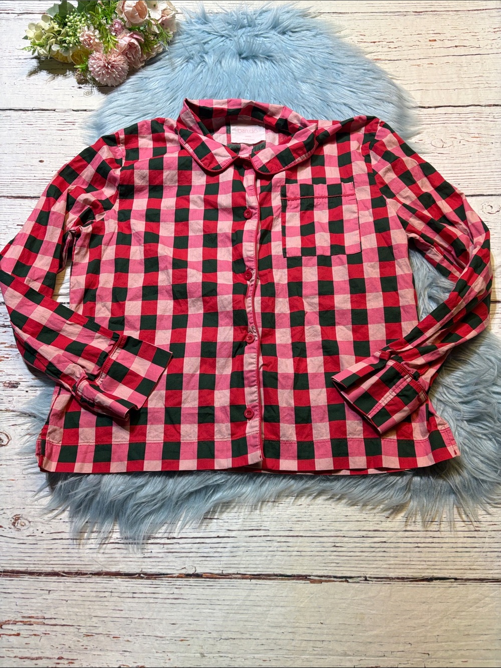 ban.do Pink and Black Plaid Button-Down Sleep Shirt sz L